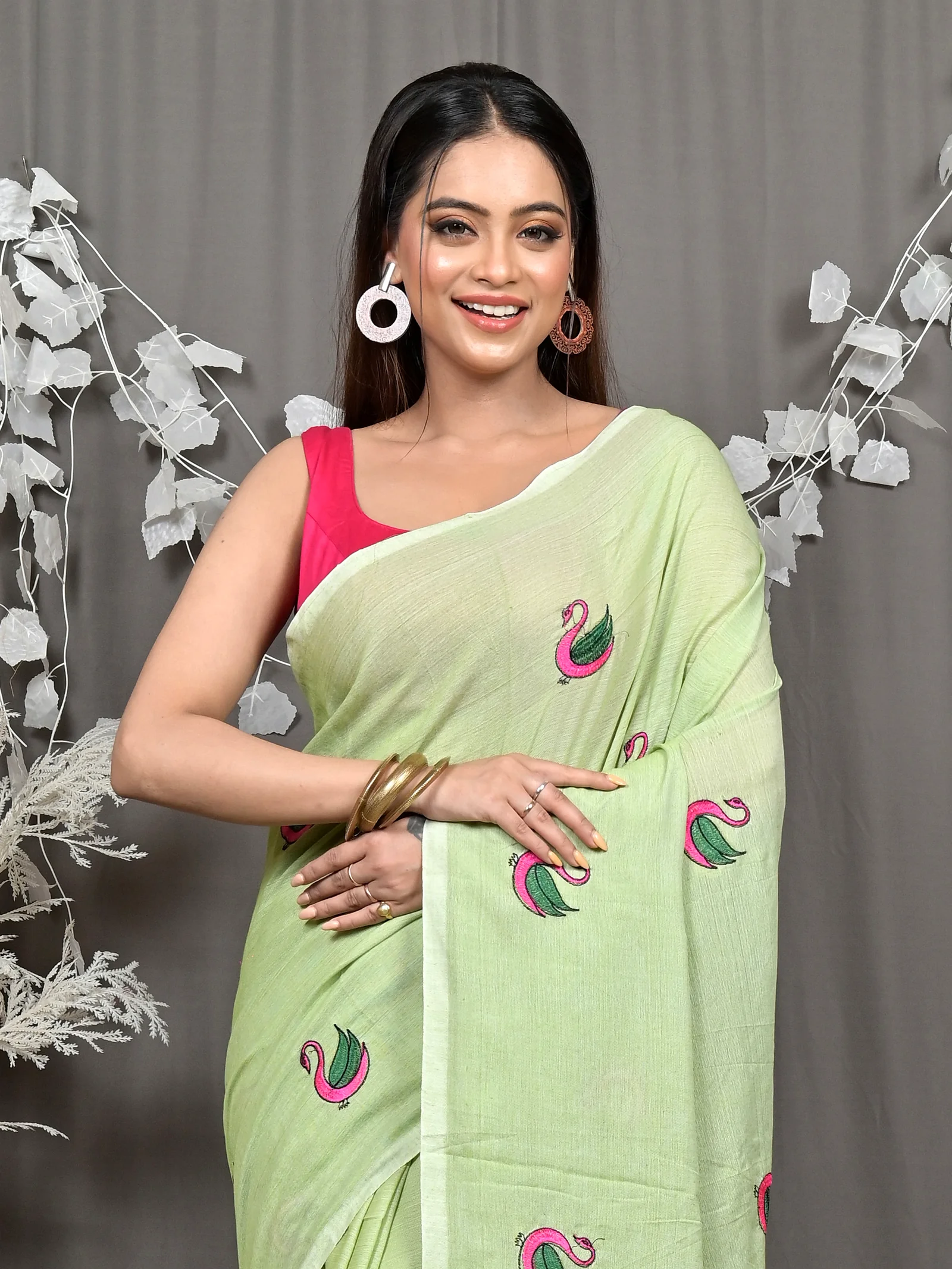 See Green Pure Cotton Norvi Embroidery Handloom saree (2286)